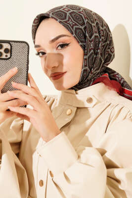Geometri Desen Flamu Cotton Eşarp Bordo - Başörtüsü