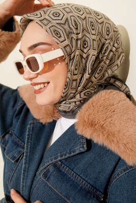 Geometri Desen Flamu Cotton Eşarp Füme 