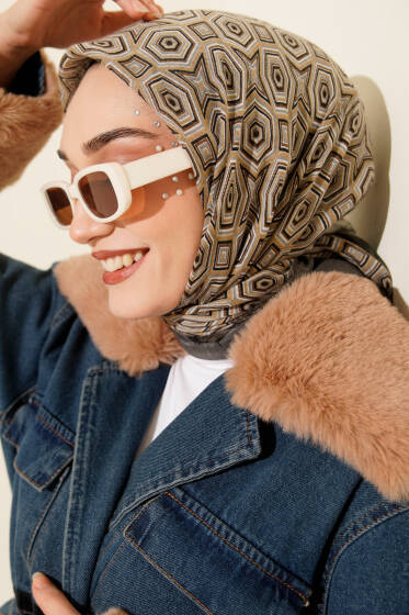 Geometri Desen Flamu Cotton Eşarp Füme - Günün Seçilenleri