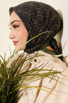 Geometri Desen Flamu Cotton Eşarp Haki - Başörtüsü