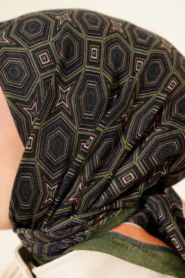 Geometri Desen Flamu Cotton Eşarp Haki - Başörtüsü