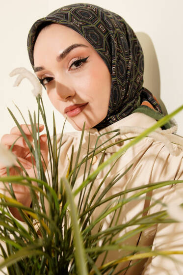 Geometri Desen Flamu Cotton Eşarp Haki - Günün Seçilenleri