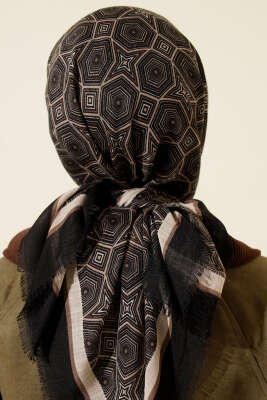 Geometri Desen Flamu Cotton Eşarp Siyah Bej - Günün Seçilenleri