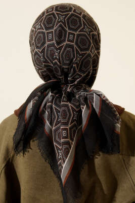 Geometri Desen Flamu Cotton Eşarp Siyah Gri - Başörtüsü