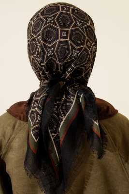 Geometri Desen Flamu Cotton Eşarp Siyah Haki - Başörtüsü