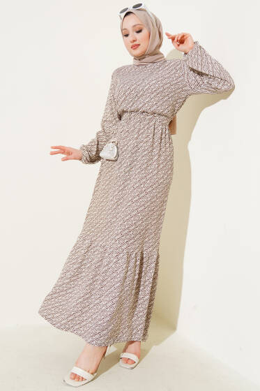 Geometrik Desen Bel Lastikli Bürümcük Elbise Kahve - Elbise