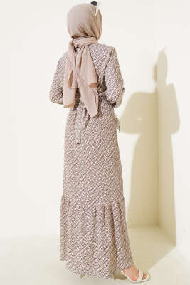 Geometrik Desen Bel Lastikli Bürümcük Elbise Kahve - Tesettür Elbise