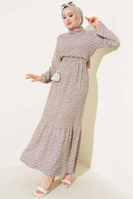 Geometrik Desen Bel Lastikli Bürümcük Elbise Kahve 