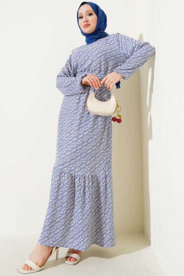 Geometrik Desen Bel Lastikli Bürümcük Elbise Lacivert - Elbise