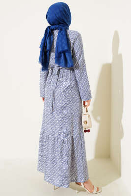 Geometrik Desen Bel Lastikli Bürümcük Elbise Lacivert - Tesettür Elbise