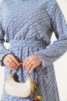 Geometrik Desen Bel Lastikli Bürümcük Elbise Lacivert - Tesettür Elbise