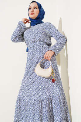 Geometrik Desen Bel Lastikli Bürümcük Elbise Lacivert - Tesettür Elbise