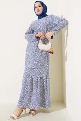 Geometrik Desen Bel Lastikli Bürümcük Elbise Lacivert