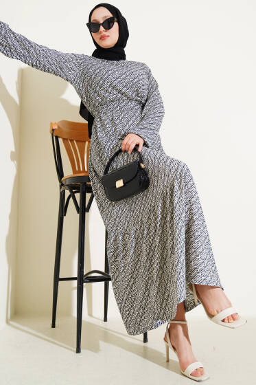 Geometrik Desen Bel Lastikli Bürümcük Elbise Siyah - Elbise