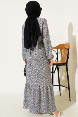 Geometrik Desen Bel Lastikli Bürümcük Elbise Siyah - Tesettür Elbise