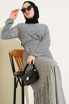 Geometrik Desen Bel Lastikli Bürümcük Elbise Siyah - Tesettür Elbise