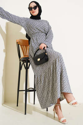 Geometrik Desen Bel Lastikli Bürümcük Elbise Siyah 