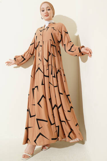 Geometrik Desenli Katlı Elbise Latte - Elbise