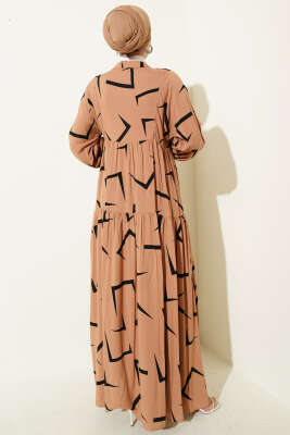 Geometrik Desenli Katlı Elbise Latte - Elbise