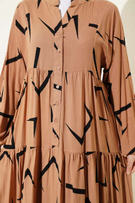 Geometrik Desenli Katlı Elbise Latte - Elbise