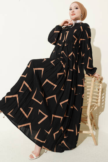 Geometrik Desenli Katlı Elbise Siyah - Elbise