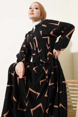 Geometrik Desenli Katlı Elbise Siyah - Elbise
