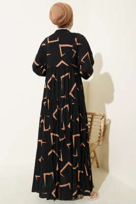 Geometrik Desenli Katlı Elbise Siyah - Elbise