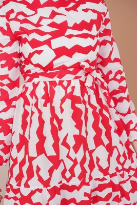 Geometrik Desenli Kırmızı Elbise - Thumbnail