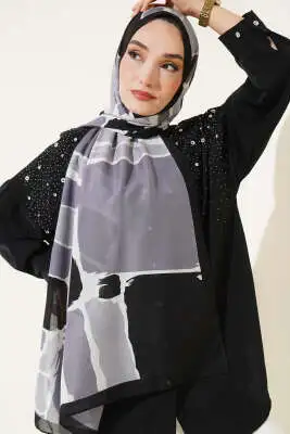 Geometrik Desenli Soft Şal Gri - Başörtüsü
