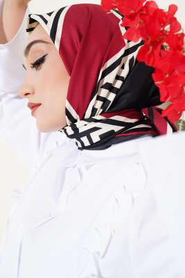 Geometrik Detaylı Saten Eşarp Bordo - Başörtüsü