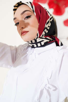 Geometrik Detaylı Saten Eşarp Bordo 