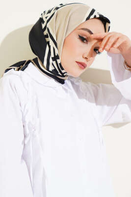 Geometrik Detaylı Saten Twill Eşarp Bej 