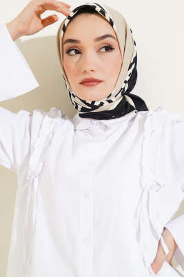 Geometrik Detaylı Saten Twill Eşarp Bej - Başörtüsü