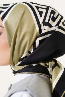 Geometrik Detaylı Saten Twill Eşarp Çağla Yeşili - Başörtüsü