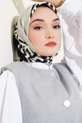 Geometrik Detaylı Saten Twill Eşarp Gri - Başörtüsü