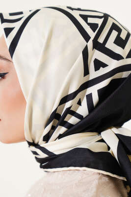 Geometrik Detaylı Saten Twill Eşarp Krem - Başörtüsü