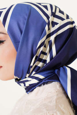 Geometrik Detaylı Saten Twill Eşarp Mavi - Başörtüsü