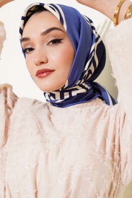 Geometrik Detaylı Saten Twill Eşarp Mavi - Başörtüsü