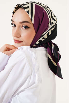 Geometrik Detaylı Saten Twill Eşarp Mor 