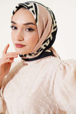 Geometrik Detaylı Saten Twill Eşarp Pudra - Başörtüsü