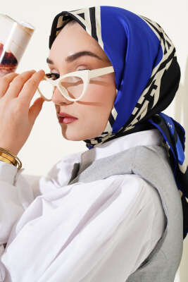 Geometrik Detaylı Saten Twill Eşarp Saks 