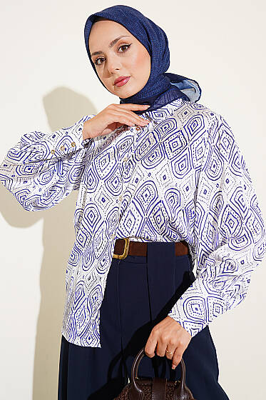 Geometrik Etnik Desenli Gömlek Saks - Gömlek