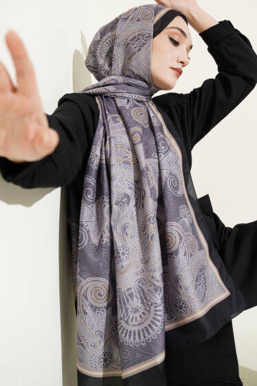 Geometrik Paisley Desen Şal Siyah Gri - Başörtüsü