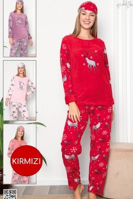 Geyik Desen Kırmızı Welsoft Pijama Takımı - Thumbnail