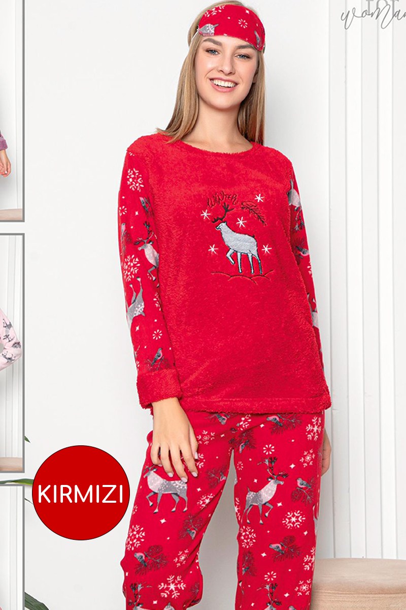 Geyik Desen Kırmızı Welsoft Pijama Takımı