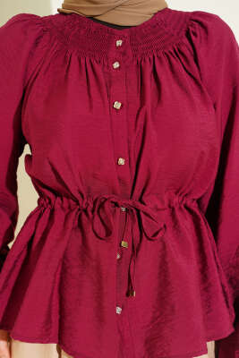 Gipe Yakalı Bel İpli Bluz Bordo - Bluz