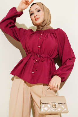 Gipe Yakalı Bel İpli Bluz Bordo - TABLO FASHİON
