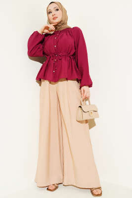 Gipe Yakalı Bel İpli Bluz Bordo - Bluz
