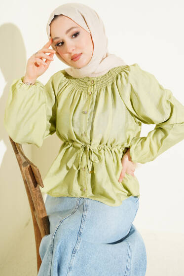 Gipe Yakalı Bel İpli Bluz Çağla Yeşili - Bluz