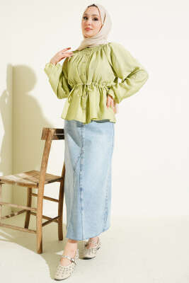 Gipe Yakalı Bel İpli Bluz Çağla Yeşili - Bluz